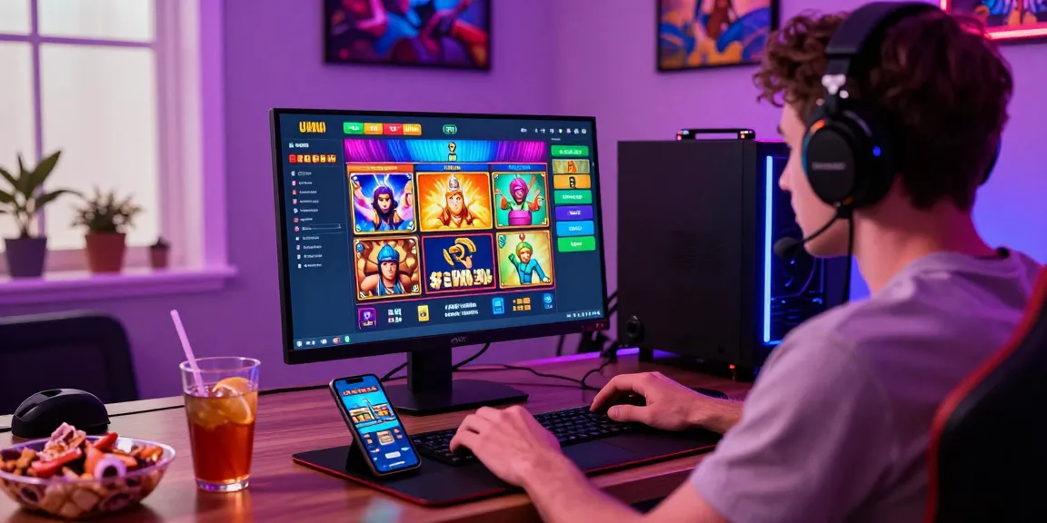 Katatogel online gaming excitement with player engaged in colorful slot game on laptop