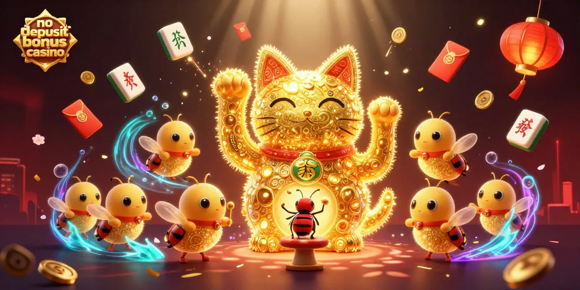 No deposit bonus casino scene with a lucky cat made of fireflies and festive casino elements.