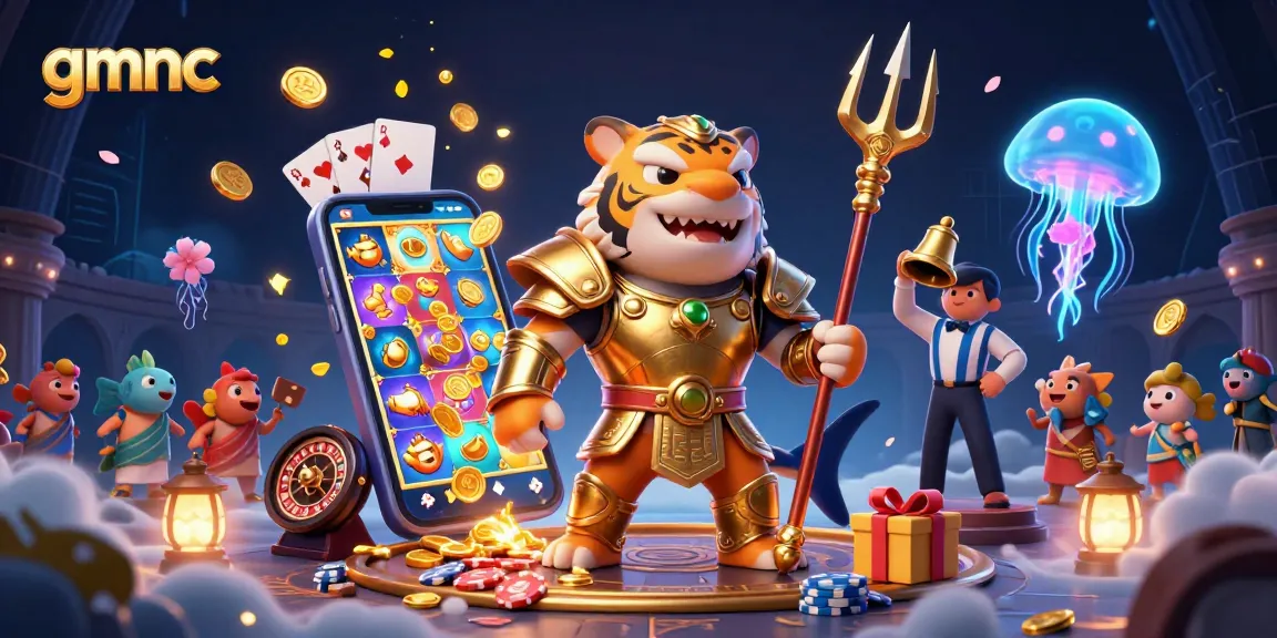 gmnc reveals the underwater casino world with a tiger shark gladiator amid vibrant gaming elements.