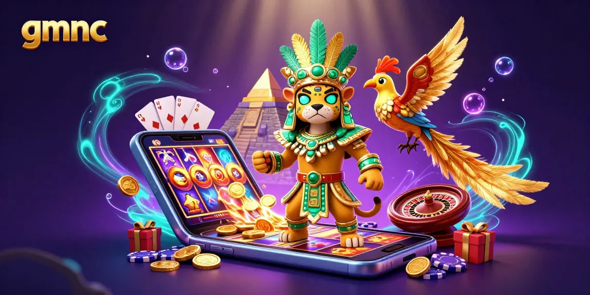 Experience the vibrant gaming world of gmnc with a lively 3D casino illustration showcasing dynamic game elements.