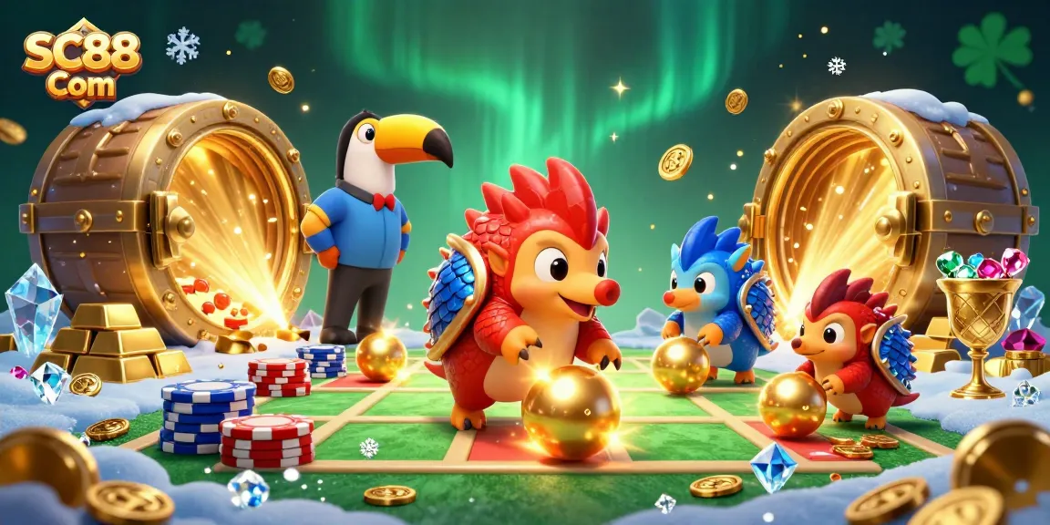 Engage with SC88 Com in a thrilling casino showdown featuring rival pangolins and vibrant game elements.