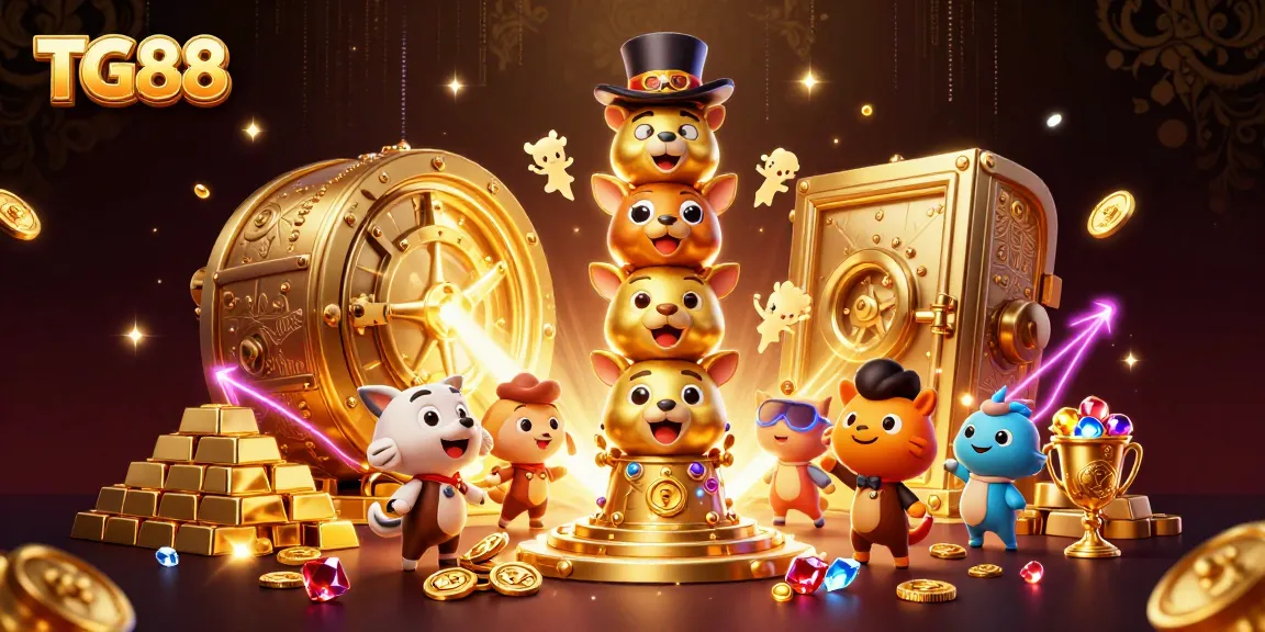 Win big with TG88 at a vibrant casino scene featuring a golden totem and treasure vault.