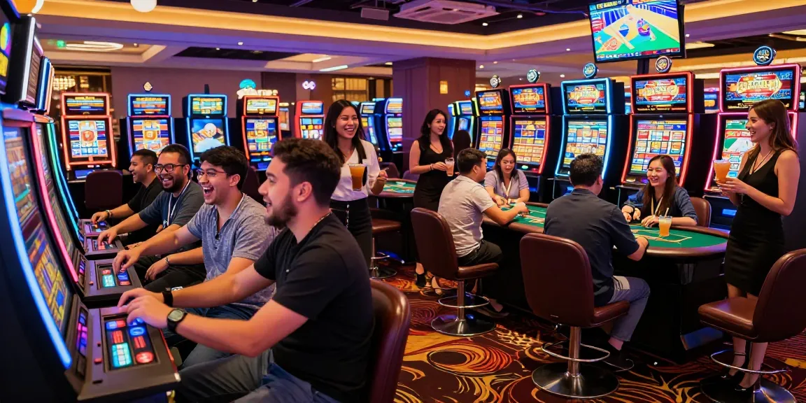 Group celebrating a win at the slot gacor machine in a vibrant casino.
