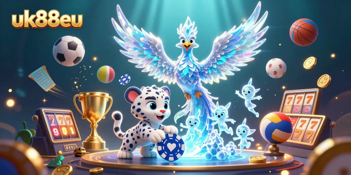 Engage with the thrilling world of uk88eu, where an ice phoenix, sports elements, and coins collide in a magical betting scene.