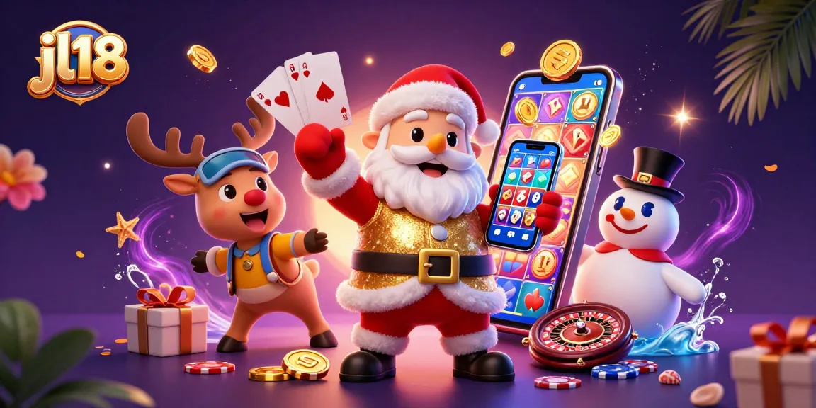Join jl18 in a vibrant casino scene with Santa and friends, enjoying thrilling slots and festive bonuses.
