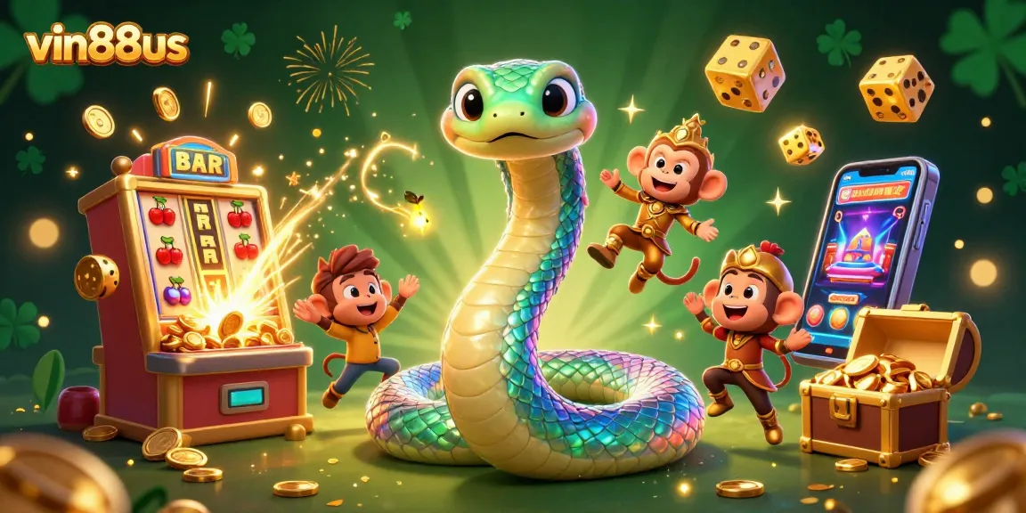 Engage with the vibrant world of vin88us through a magical 3D casino illustration featuring a rainbow serpent and monkey king.