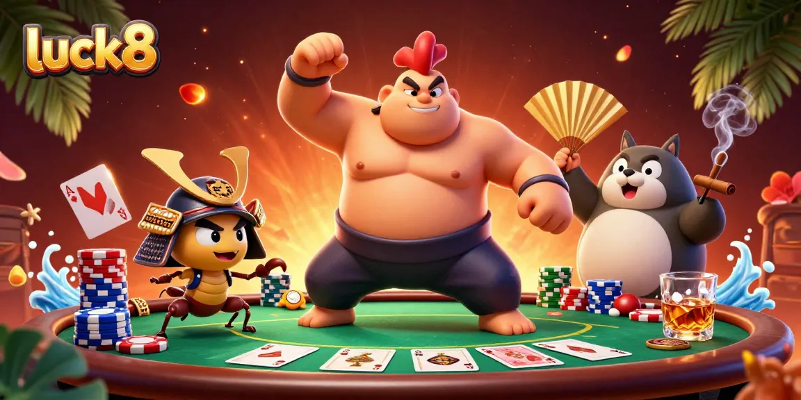 Exciting luck8-themed gambling scene featuring a sumo rooster, a samurai cricket, and a tanuki announcer amidst a poker table.