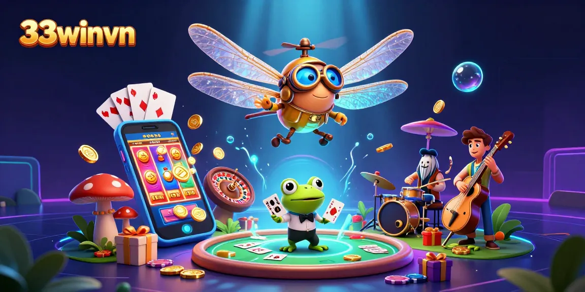 Experience exciting gameplay at 33winvn with a vibrant casino scene featuring a dragonfly pilot and frog dealer.