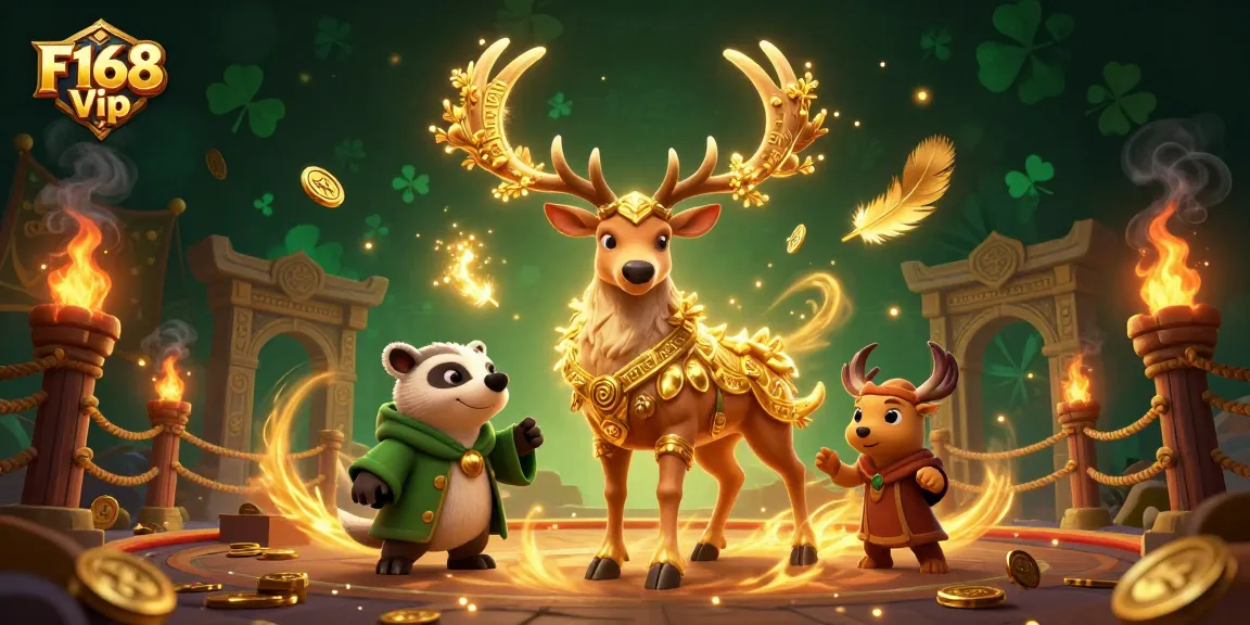 Experience F168 Vip with an epic gaming illustration featuring a druid stag, enchanted elements, and casino excitement.