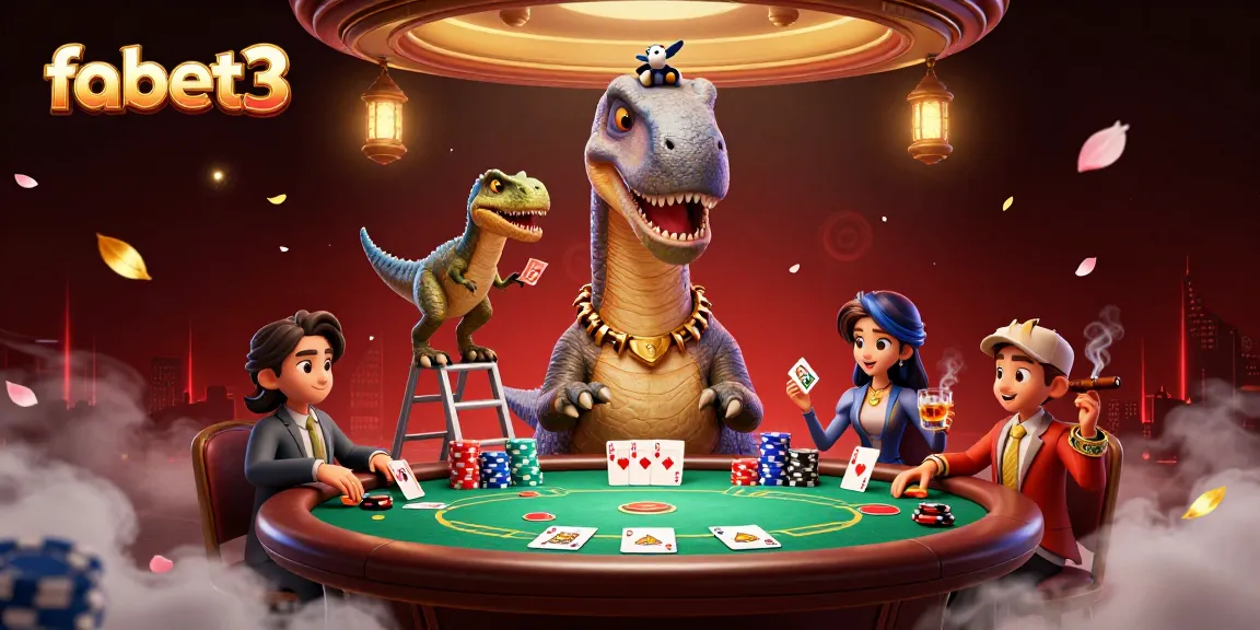 brontosaurus overseeing a poker game scene at fabet3, vibrant casino atmosphere with dynamic elements