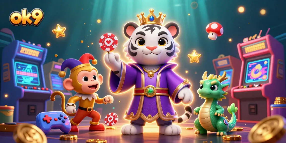 Engage with the vibrant world of ok9, featuring a royal tiger and playful monkey amidst casino games.